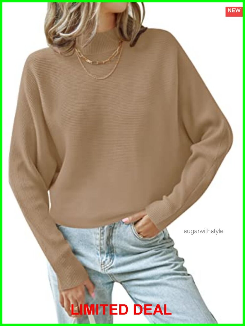 Turtleneck Batwing Sleeve Ribbed Knit Pullover Sweater